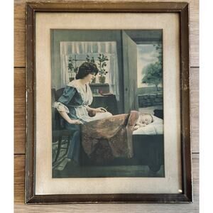Vintage Lithograph Mother Baby Print Gold Frame Early 1900s Nursery Cottagecore